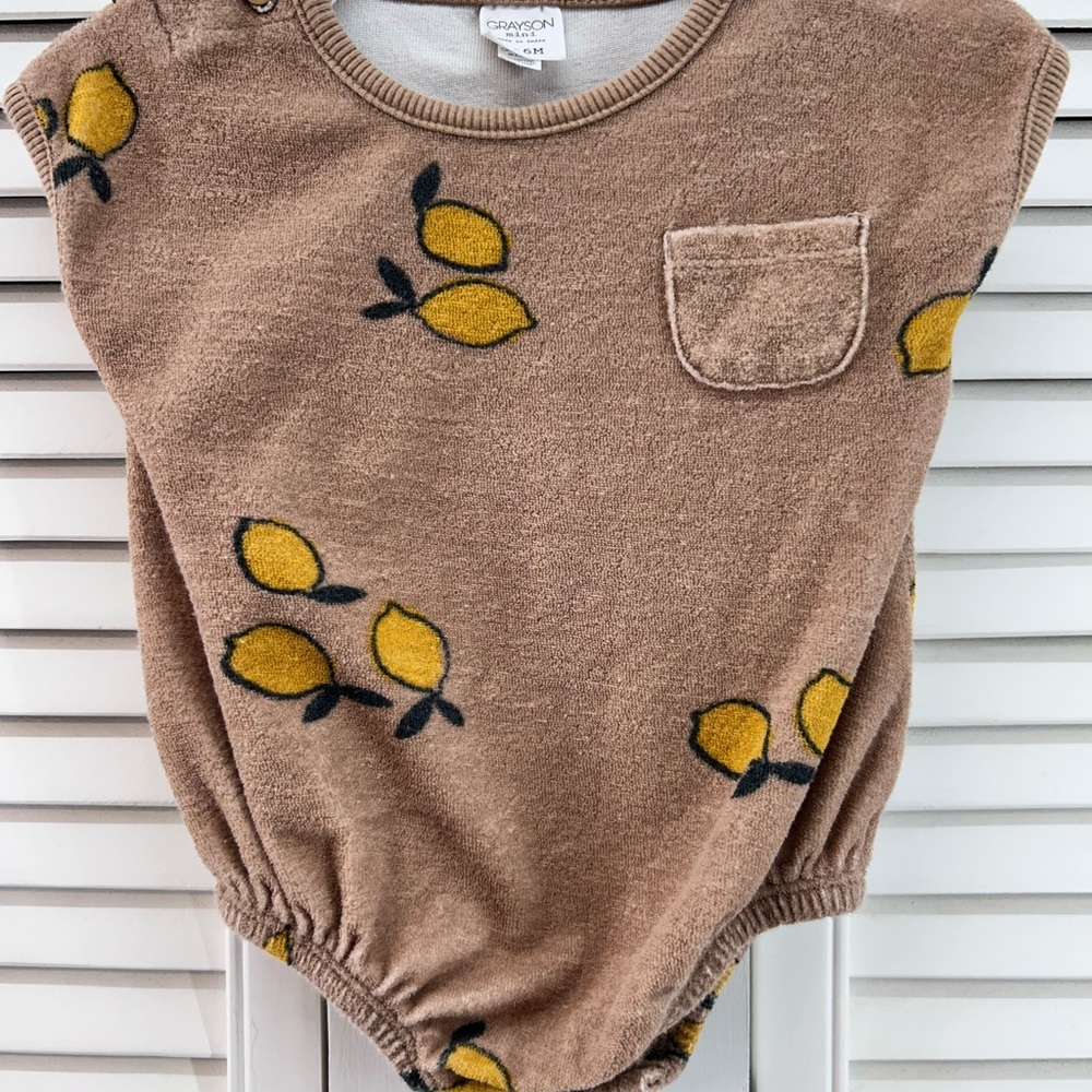 Grayson mini size 3-6M Brown Terry Romper with Lemon Print
